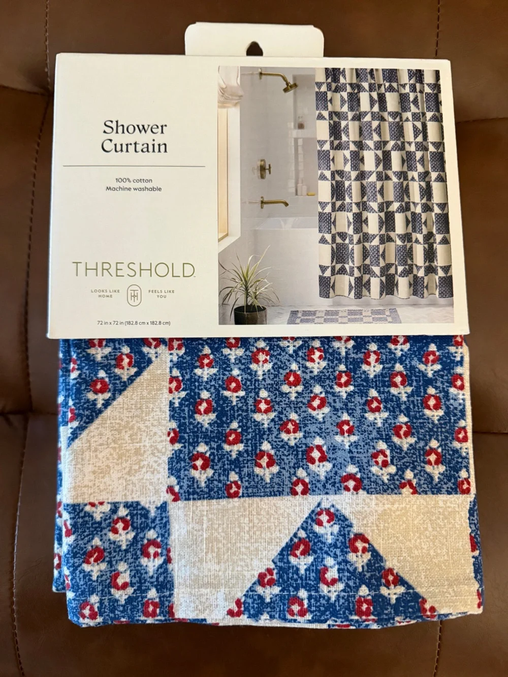 Set of 2 - Threshold Cotton Shower Curtains 72x72 Blue Floral & Quilt Prints NWT